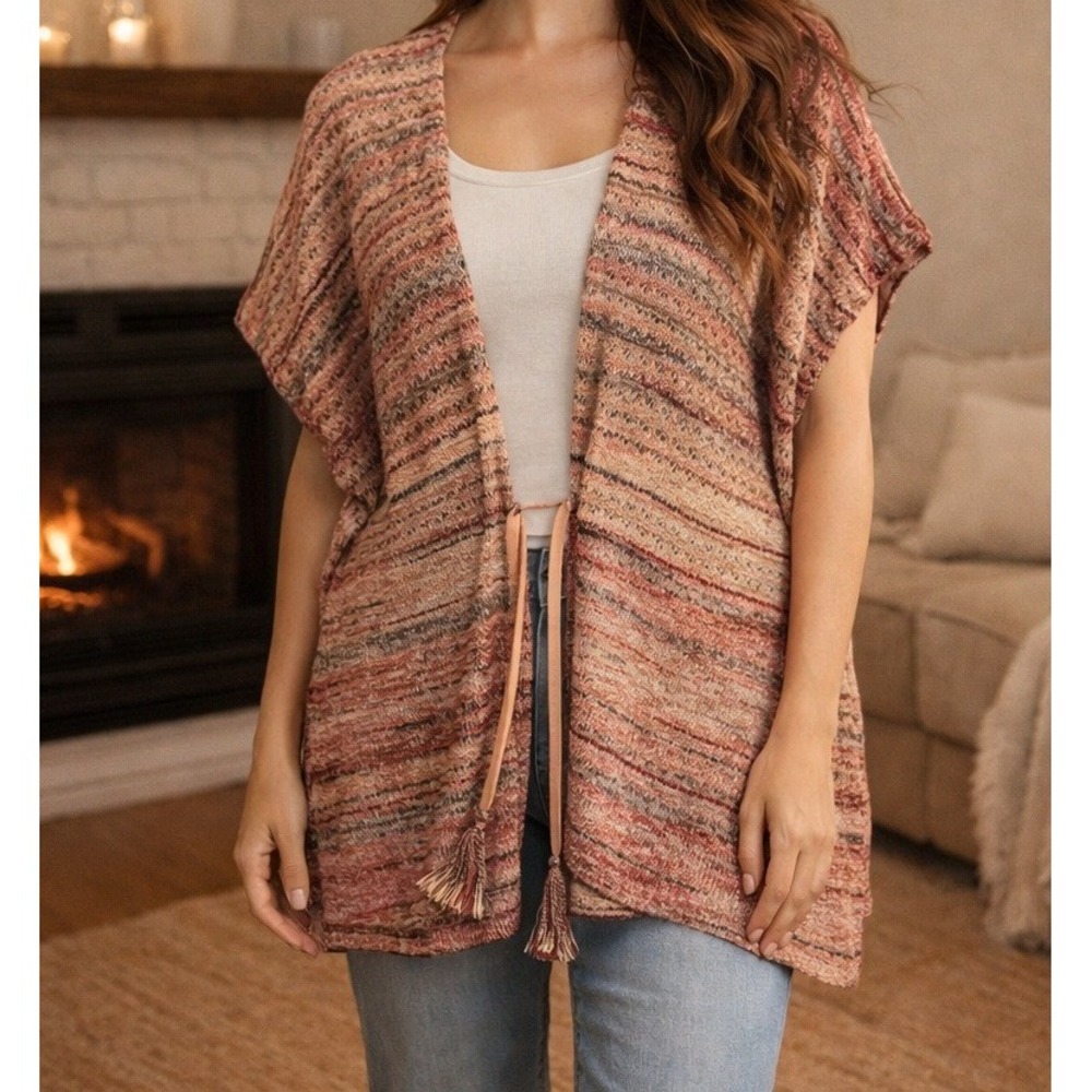 Chico's Open Knit Cardigan Sweater Women 2 Pink Orange Space Dye Tassel Tie Boho